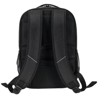 Ein schwarzer Rucksack von hinten mit gepolsterten Schultergurten und seitlichen Netztaschen.