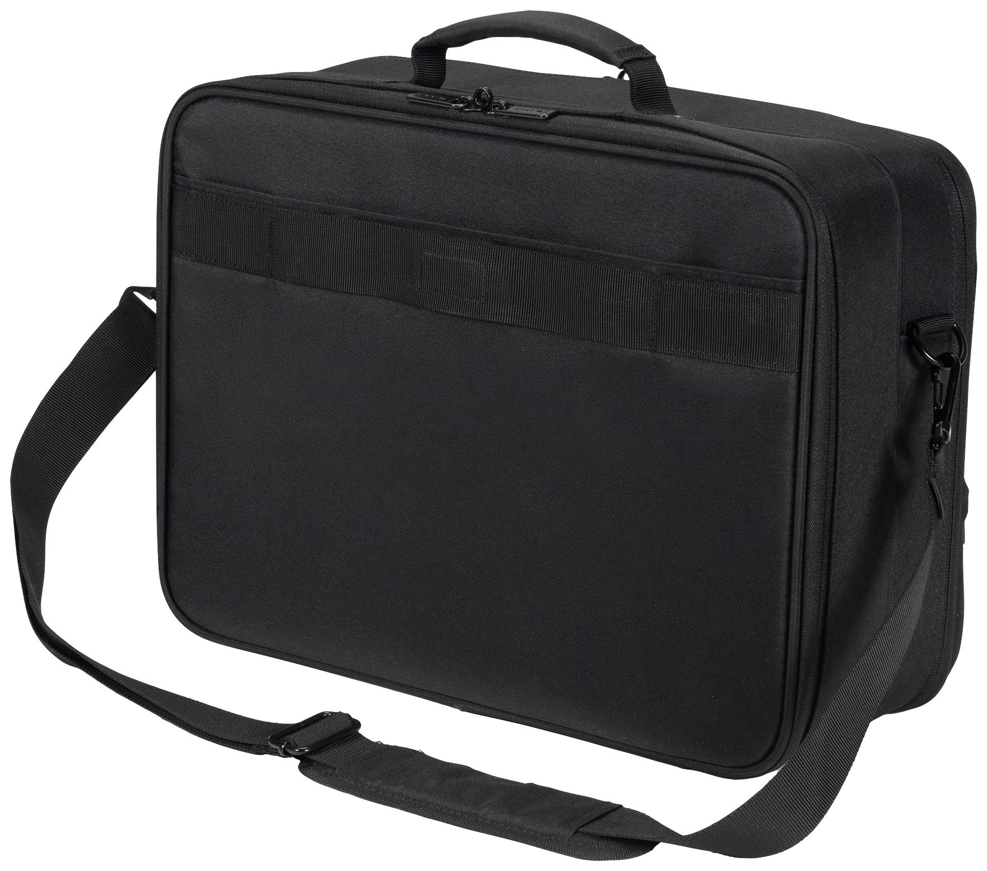 Eine schwarze Laptoptasche mit Tragegriff und Schulterriemen liegt auf einer hellen Oberfläche.