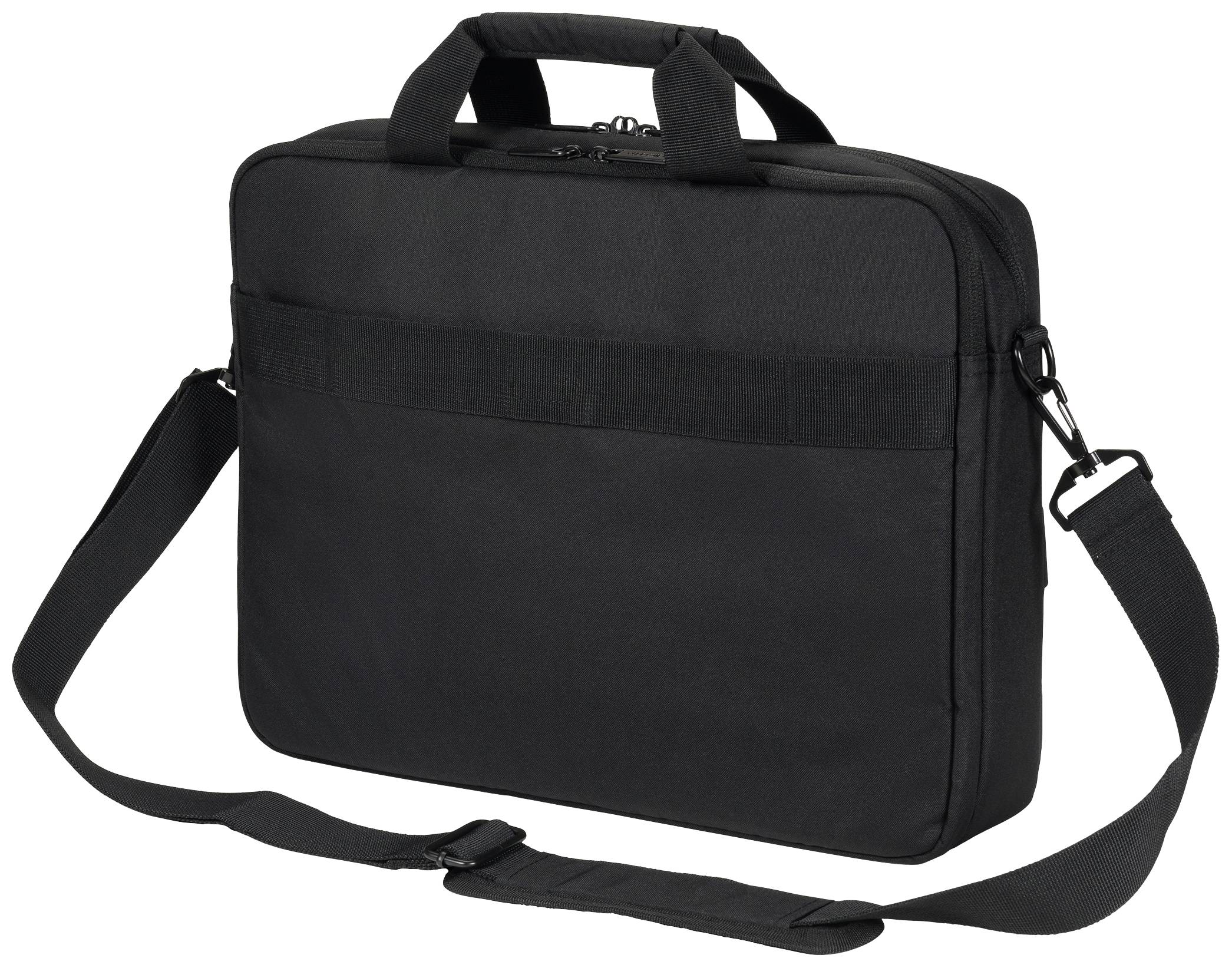 Schwarze Laptoptasche mit Tragegriff und abnehmbarem Schultergurt, einfache Optik, geeignet für den Transport von tragbaren Computern.