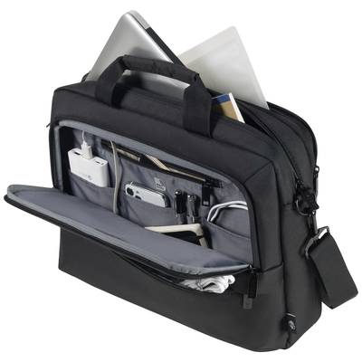 Eine geöffnete schwarze Laptoptasche mit Fächern, die einen Laptop, ein Tablet, Bücher, Ladegeräte und Stifte organisiert zeigt.