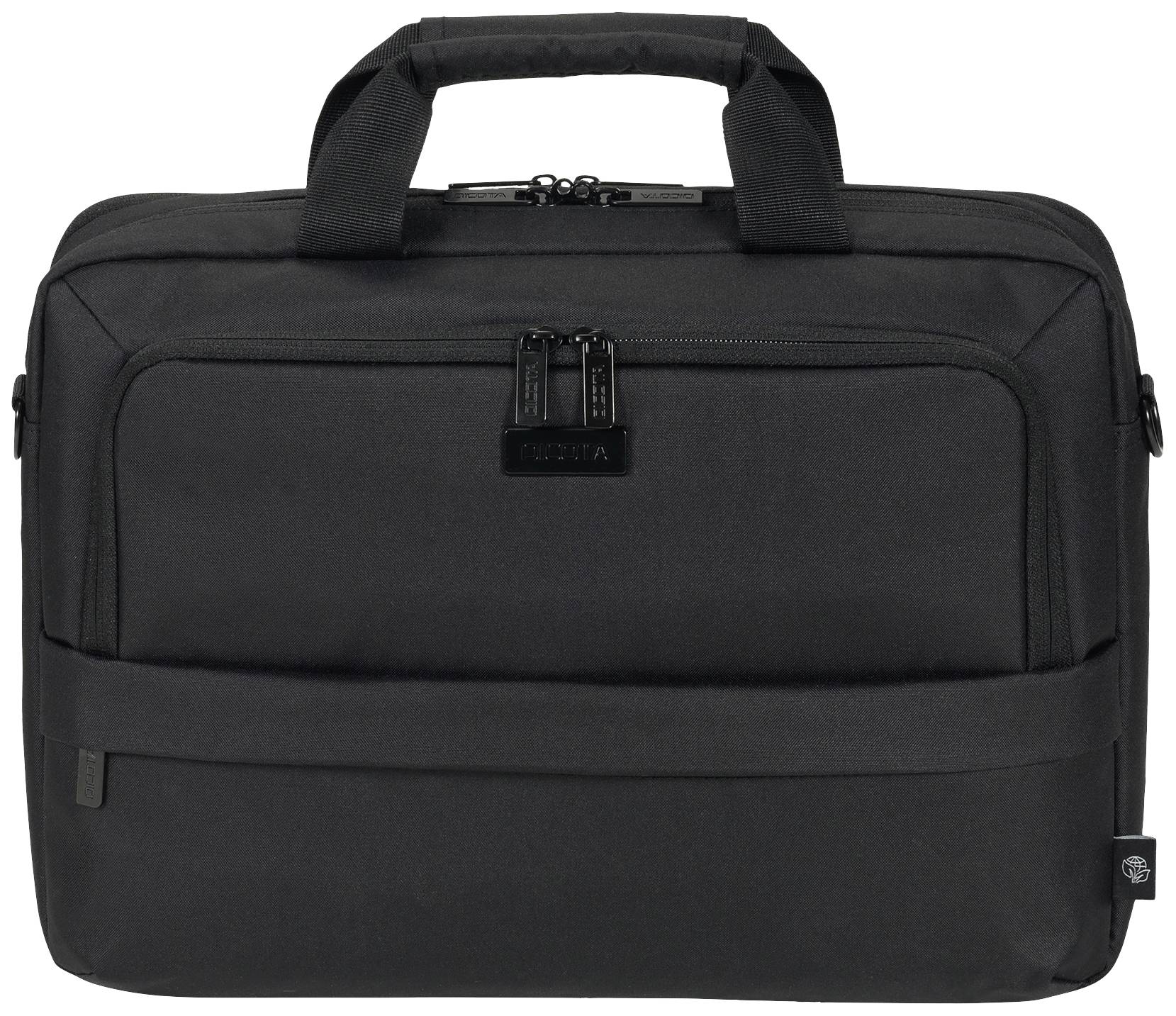 Schwarze Aktentasche aus Stoff mit zwei kurzen Griffen, Reißverschluss und vorderer Tasche; schlichtes, modernes Design.