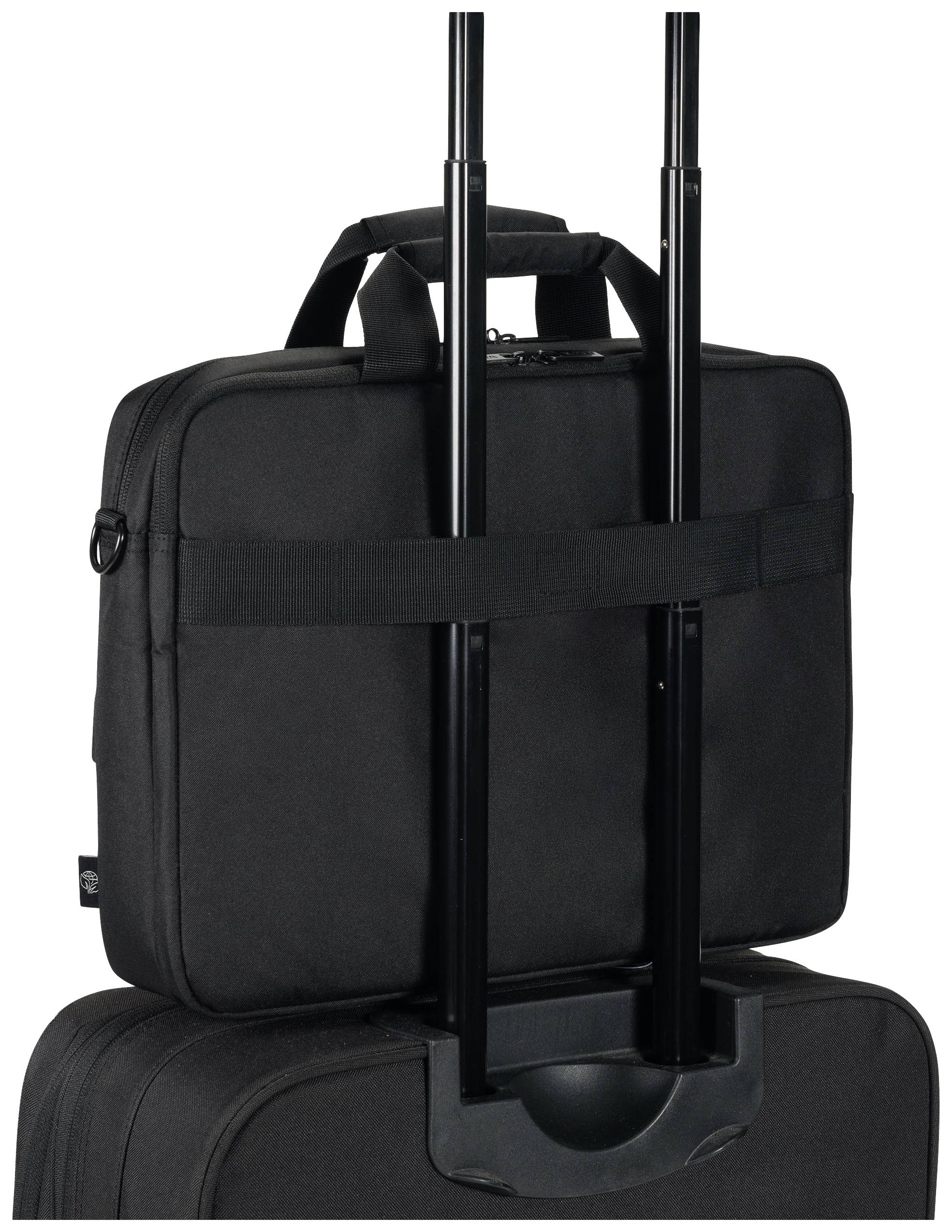 Eine schwarze Laptop-Tasche sitzt sicher auf einem größeren Koffer. Beide haben ausziehbare Griffe, die nach oben zeigen.