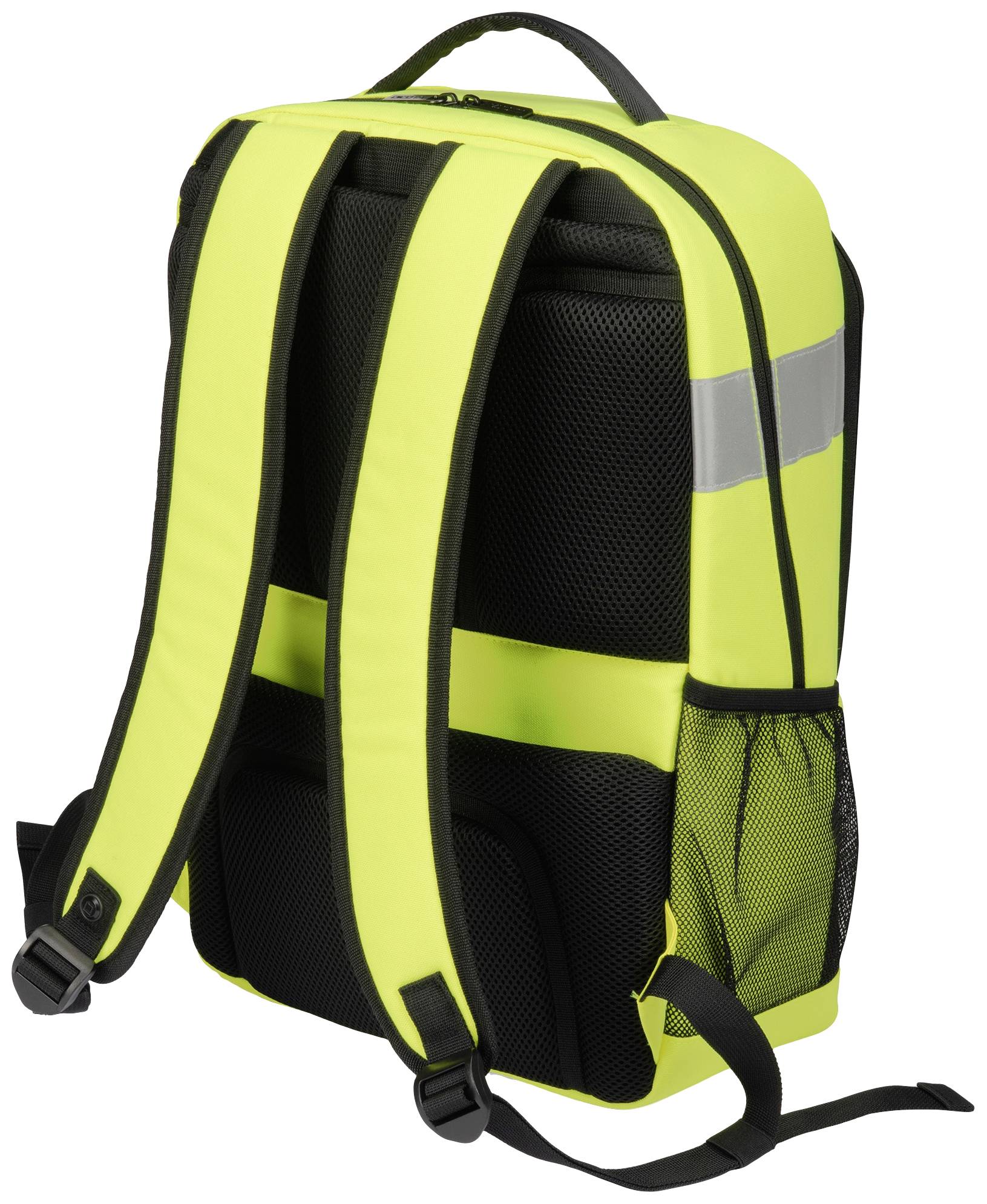 Ein gelber Rucksack mit reflektierenden Streifen und Netzseitentaschen. Die verstellbaren Schulterriemen sind gepolstert.