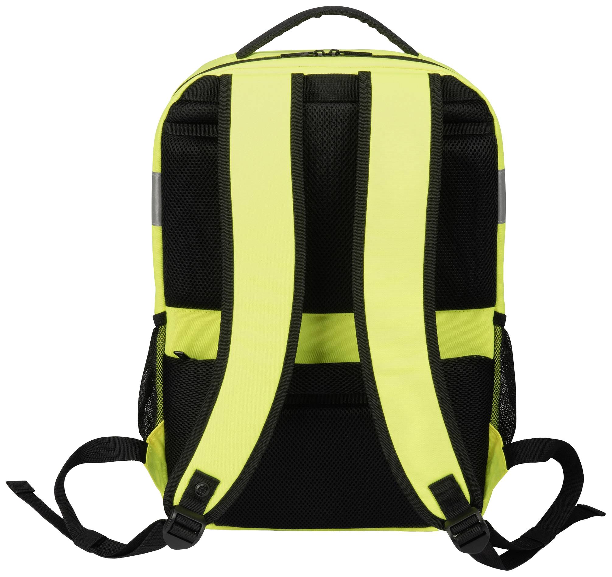 Gelb-schwarzer Rucksack, Rückansicht, mit gepolsterten Schulterriemen und Netzstoff an der Rückenseite.