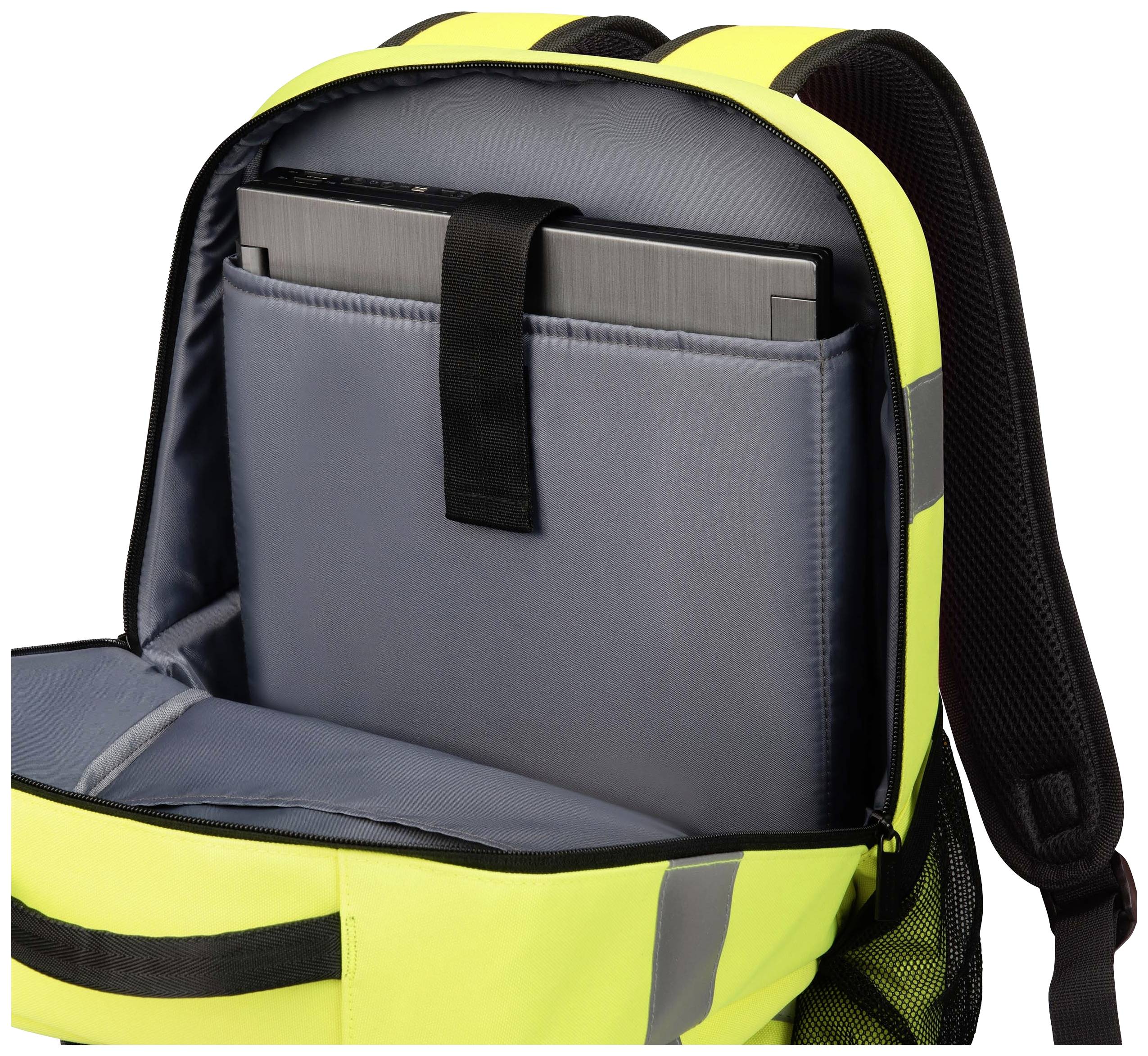 Ein Laptop steckt in einem gelb-schwarzen Rucksack, der gepolstert ist, um das Gerät zu schützen. Der Rucksack hat verstellbare Träger.