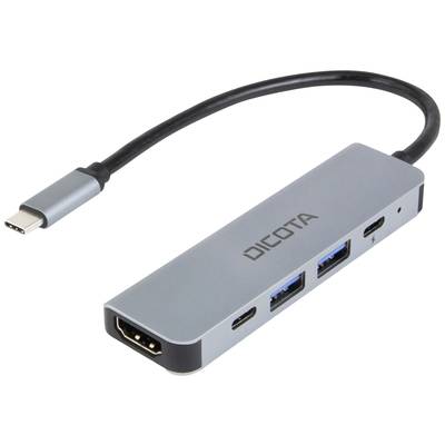 Ein silberner USB-C-Hub mit HDMI-, USB- und USB-C-Anschlüssen, geeignet zum Verbinden mehrerer Geräte an einen Computer.