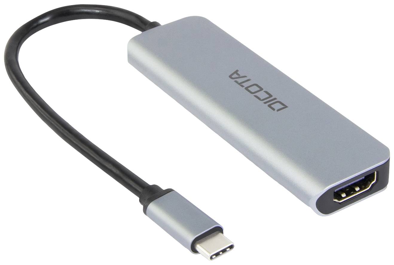 Ein USB-C-auf-HDMI-Adapter aus Metall mit dem Markenlogo. Geeignet für den Anschluss von Geräten mit USB-C-Anschluss an HDMI-Bildschirme.