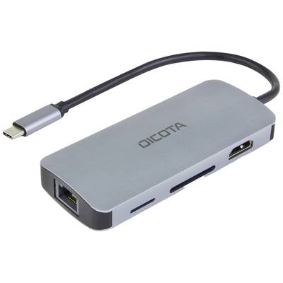 Dicota Zubehör PC 8 Port USB-C® (USB 3.2 Gen 2) Multiport Hub mit Aluminiumgehäuse, mit eingebautem Netzwerk-Anschluss,