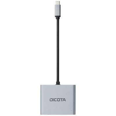 Ein silberner Adapter mit USB-C-Anschluss oben und rechteckigem Gehäuse unten, beschriftet mit 'DICOTA'.