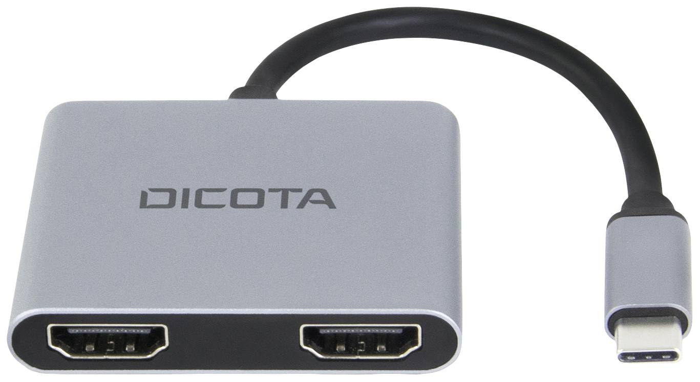 'Ein grauer DICOTA-Adapter mit USB-C-Anschluss und zwei HDMI-Ports, geeignet für die Verbindung von Geräten.'
