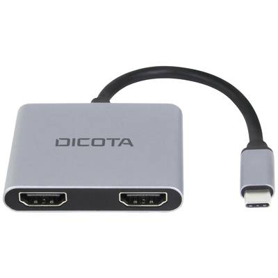 'Ein grauer DICOTA-Adapter mit USB-C-Anschluss und zwei HDMI-Ports, geeignet für die Verbindung von Geräten.'