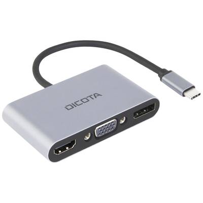 Ein silberner Adapter mit USB-C auf HDMI, VGA und DisplayPort. Aufschrift 'DICOTA' sichtbar. Verbindet verschiedene Geräte mit Bildschirmen.