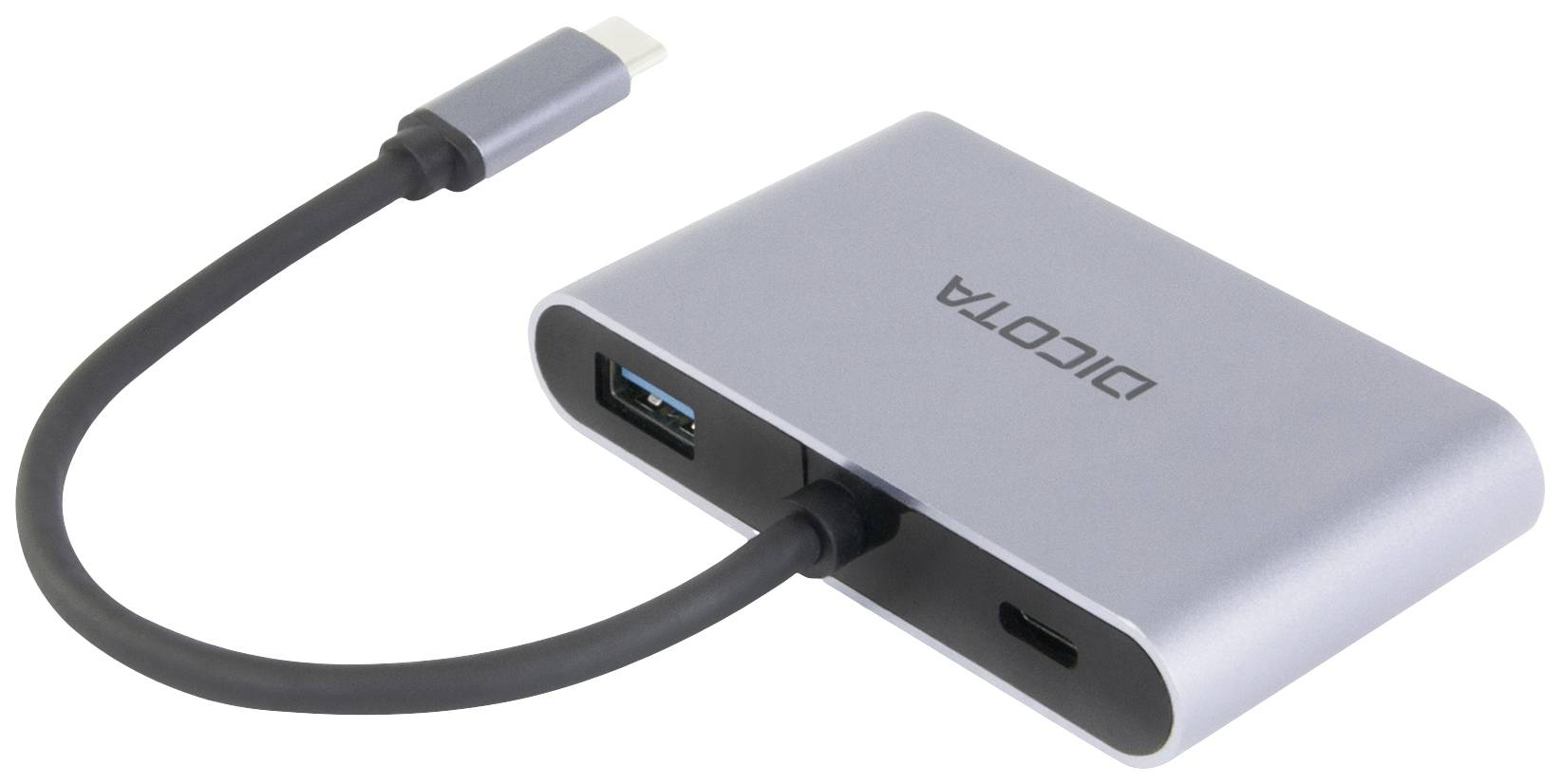 Ein silbernes USB-C-Hub mit drei Anschlüssen: einem USB-A, einem HDMI und einem USB-C-Anschluss. Auf der Oberseite steht 'DIGITA'.