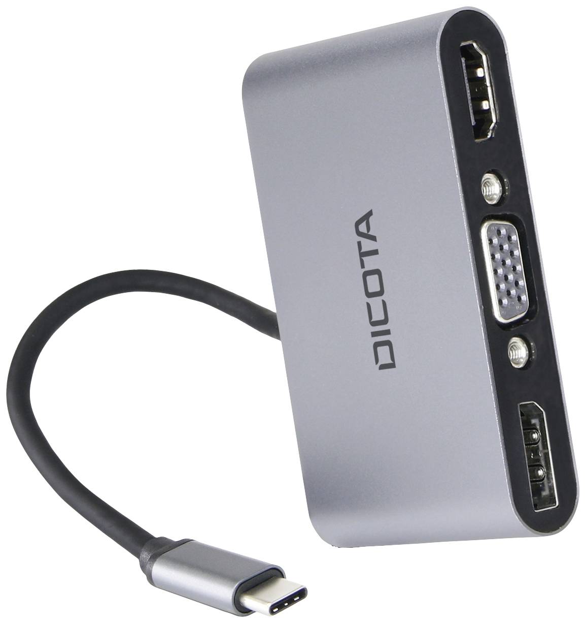 'Dicota' USB-C-Adapter mit HDMI-, VGA- und DisplayPort-Anschlüssen, zeigt vielseitige Verbindungsmöglichkeiten für Geräte.