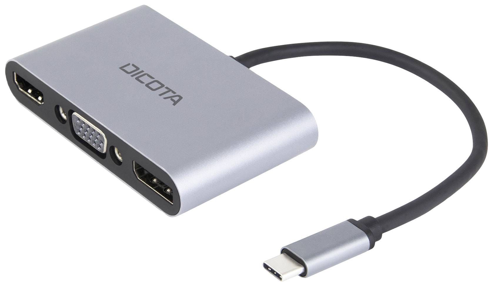 USB-C-Hub mit HDMI- und VGA-Anschlüssen, silbernes Gehäuse, schwarzes Kabel, dient zum Verbinden von Geräten für Videoausgabe.
