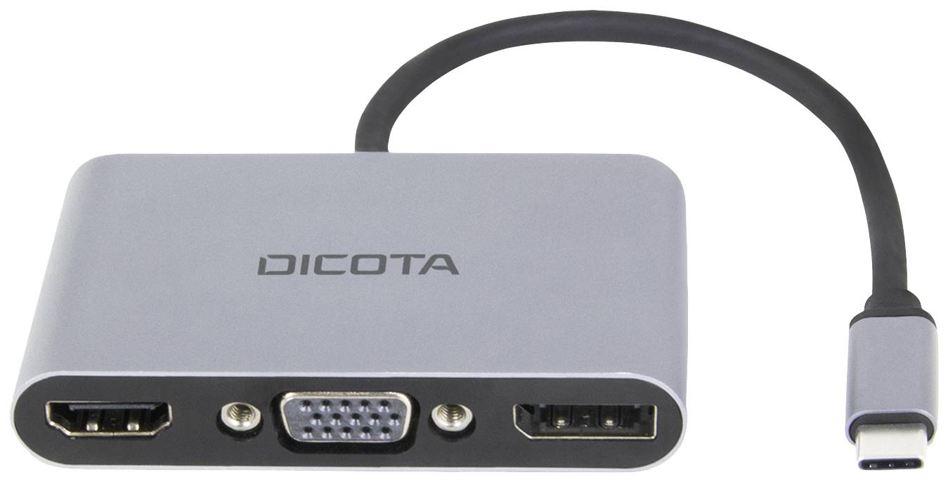 Ein Adapter mit USB-C-Anschluss und Ausgängen für HDMI, VGA und USB. Markiert mit 'DICOTA'.