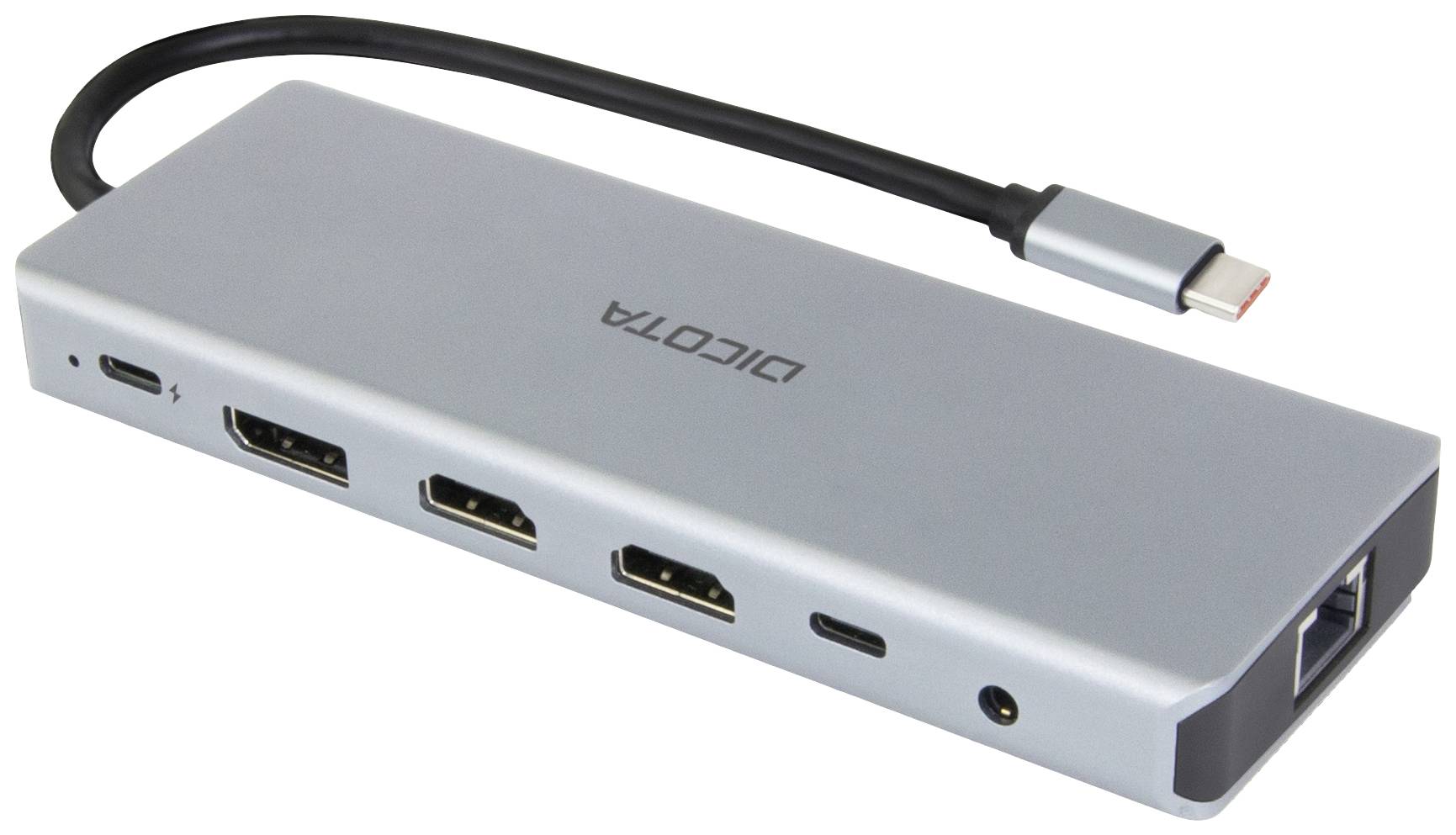 Ein silberner USB-C-Hub mit mehreren Anschlüssen, einschließlich HDMI, USB-A, Ethernet und Audio, geeignet für vielseitige Anschlussmöglichkeiten.