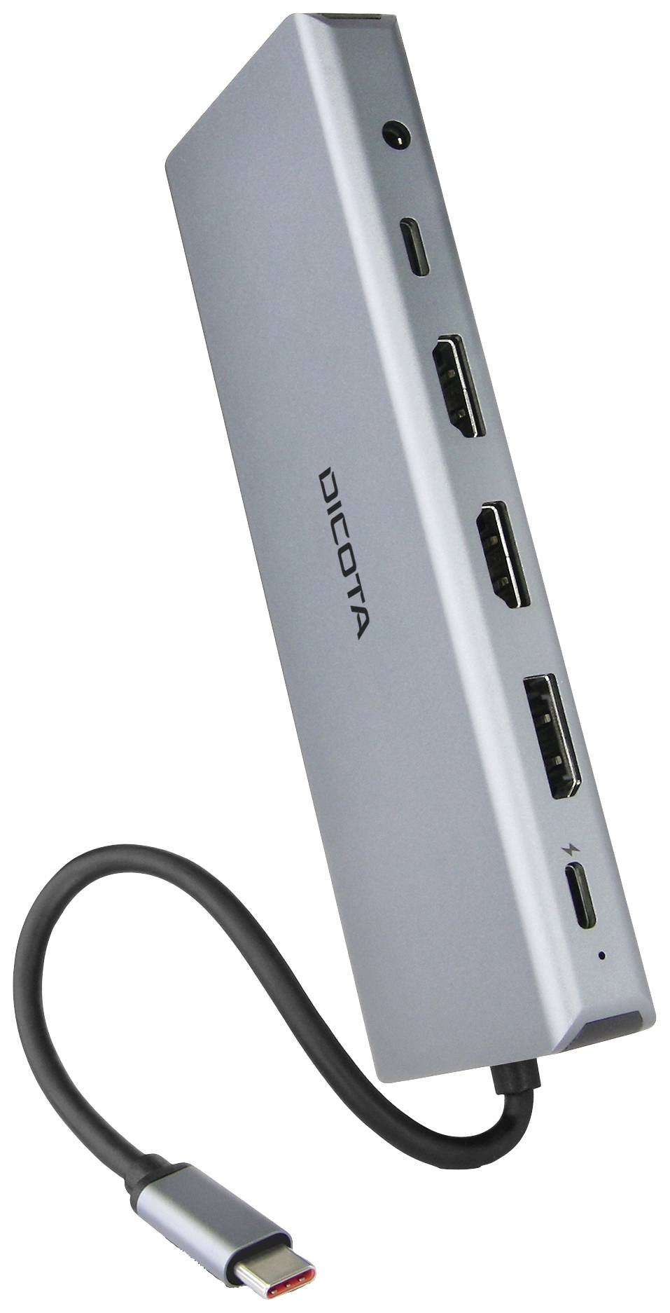 USB-C-Hub mit mehreren Anschlüssen: HDMI, USB, DisplayPort und USB-C, für Anschluss an Geräte.