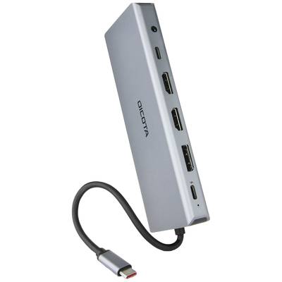USB-C-Hub mit mehreren Anschlüssen: HDMI, USB, DisplayPort und USB-C, für Anschluss an Geräte.