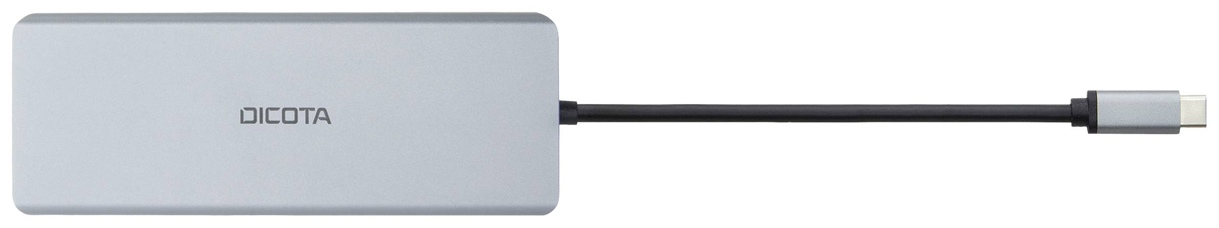 Ein silberfarbener USB-C-Hub von Dicota mit mehreren Anschlüssen.