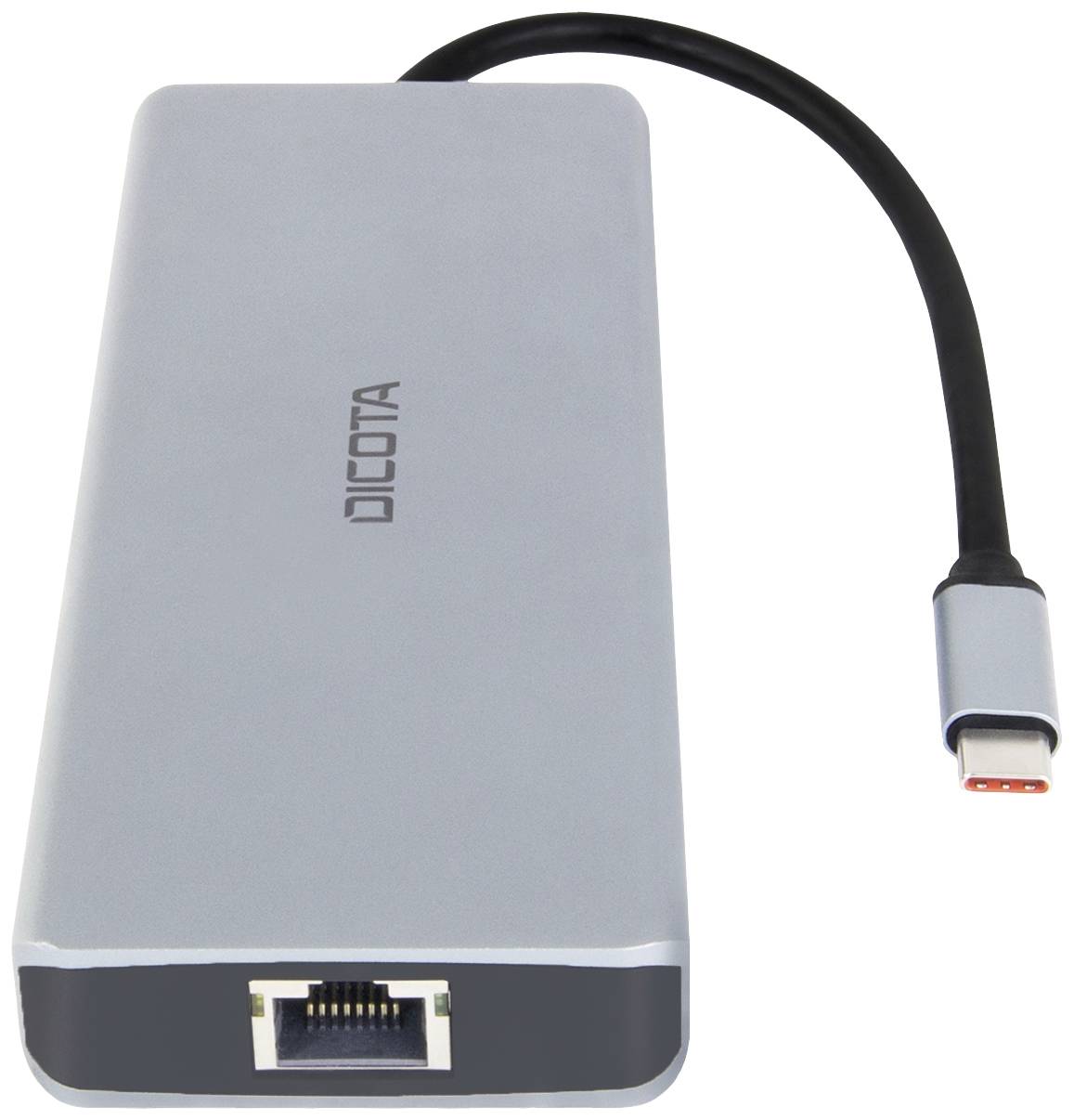 Grauer USB-C-Hub mit Ethernet-Anschluss von Dicota. Verbindet Geräte für Datenübertragung und Internetzugang.