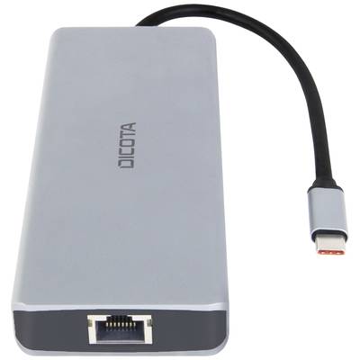 Grauer USB-C-Hub mit Ethernet-Anschluss von Dicota. Verbindet Geräte für Datenübertragung und Internetzugang.