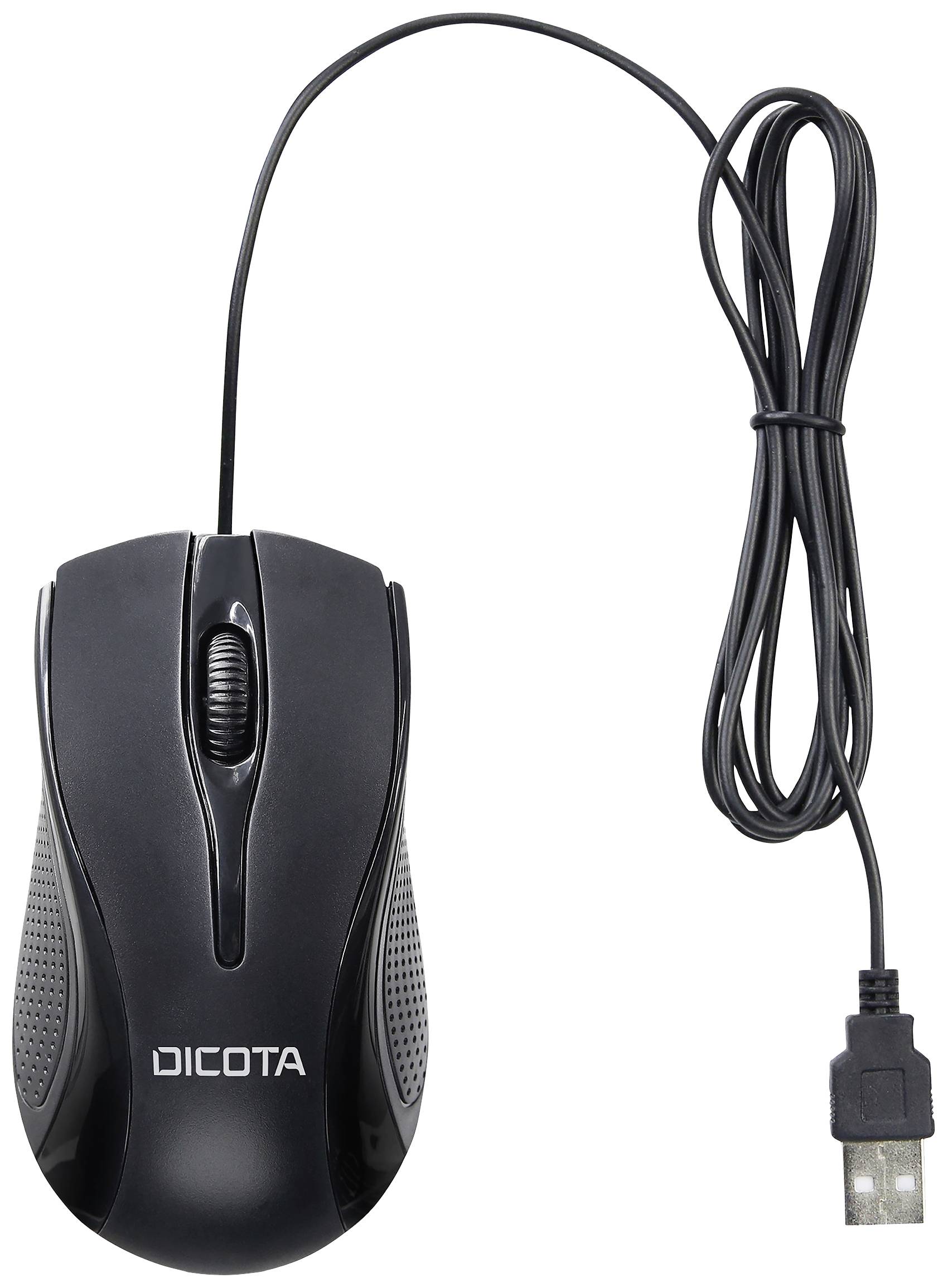 Schwarze, kabelgebundene Computermaus mit USB-Anschluss. Markenname 'Dicota' auf der Maus. Geeignet für Computergebrauch.