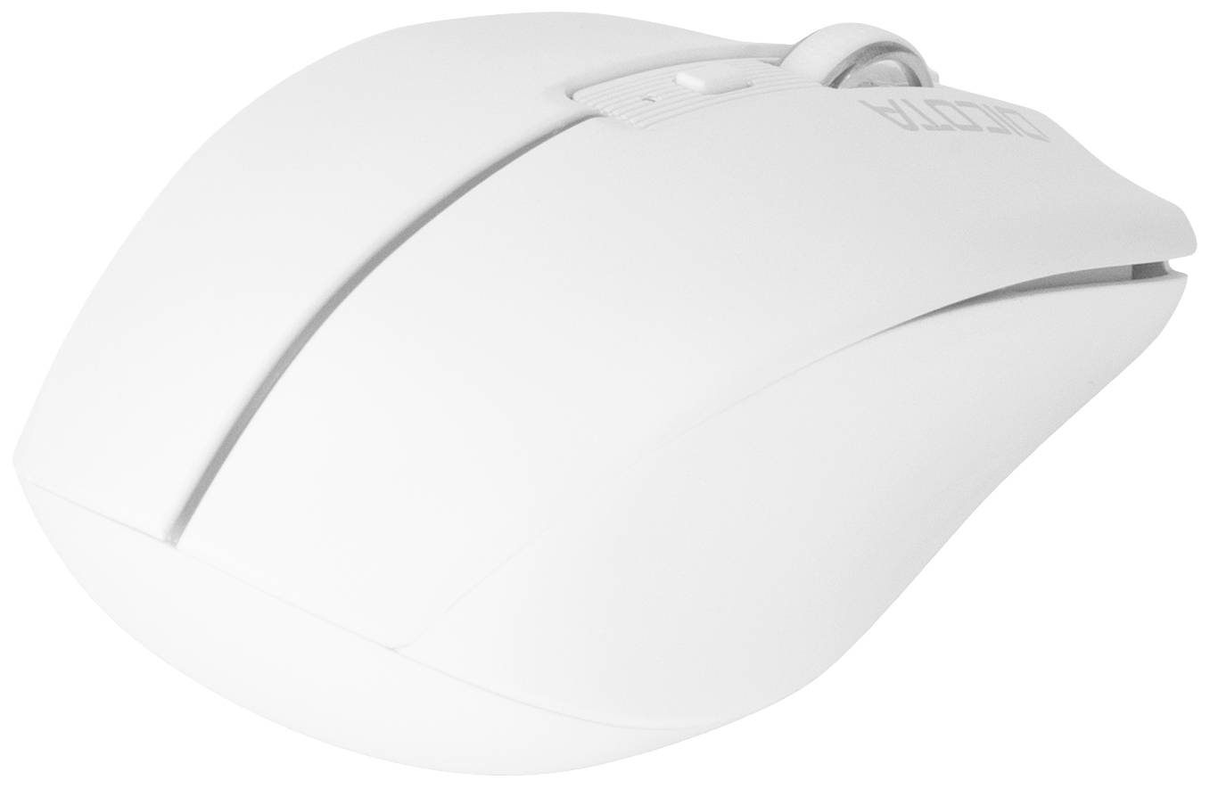 Weiße Computermaus mit glattem, ergonomischem Design und Scrollrad.