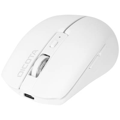 Weiße kabellose Computermaus mit seitlichen Tasten und Scrollrad, Marke Dicota. Geeignet für präzise Navigation und ergonomisches Design.