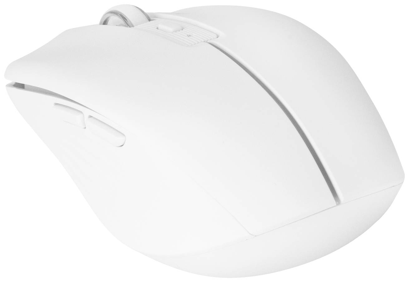 Weiße Computermaus mit zwei Tasten und einem Scrollrad, seitliche Ansicht.