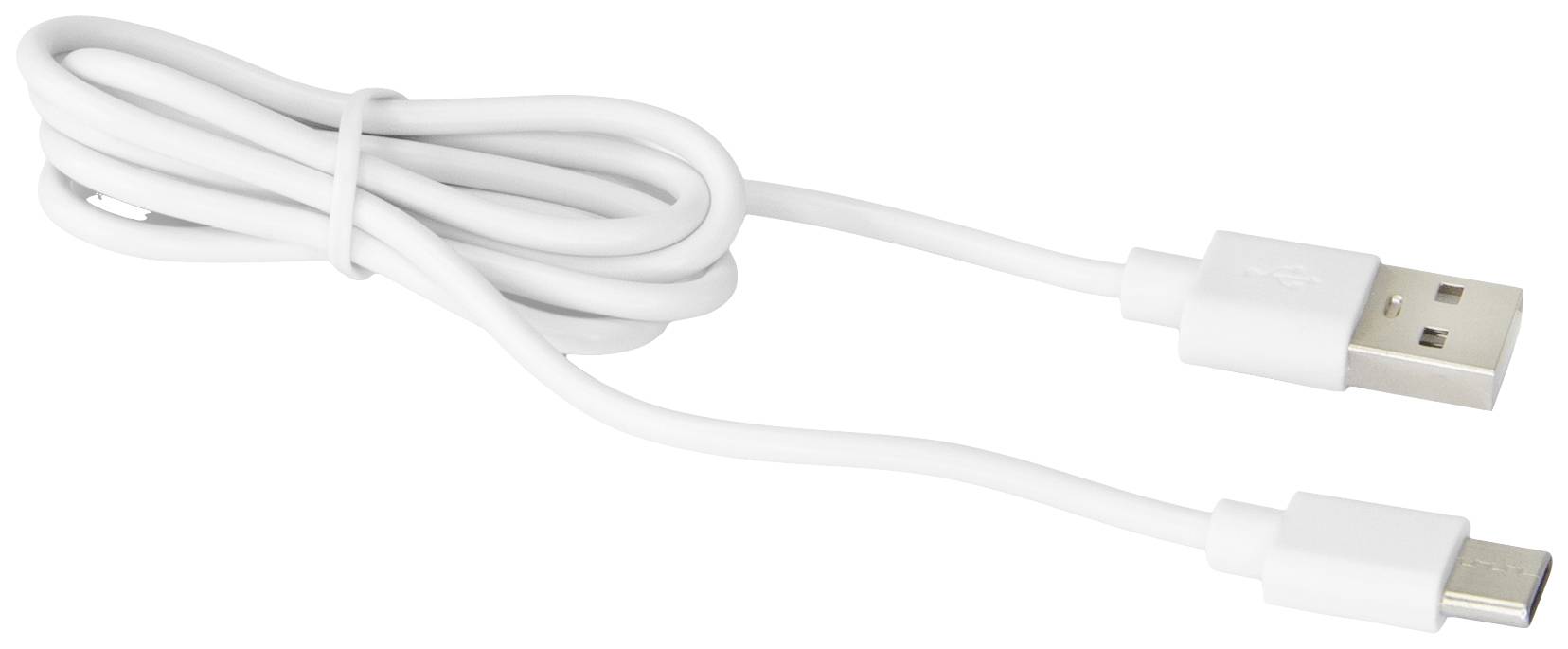 Ein weißes USB-Ladekabel mit einem USB-A-Stecker auf der einen Seite und einem USB-C-Stecker auf der anderen Seite.