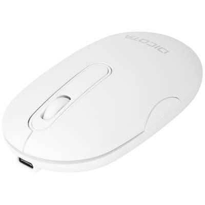 Weiße kabellose Computermaus mit glatter Oberfläche und integriertem USB-C-Anschluss, Markenname 'Dicota' sichtbar.