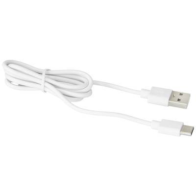 Weißes USB-C-auf-USB-A-Kabel, eingerollt, auf weißem Hintergrund liegend.