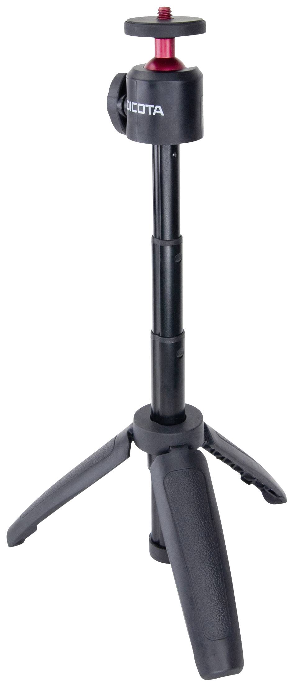 Kompaktes schwarzes Stativ mit drei ausklappbaren Beinen und verstellbarem Kopf, geeignet für Kameras oder Smartphones.