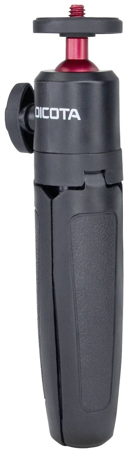 Ein schwarzes, kompaktes Stativ mit einem roten Adapterkopf. Schlichtes Design mit ergonomischem Griff, geeignet für mobile Geräte.