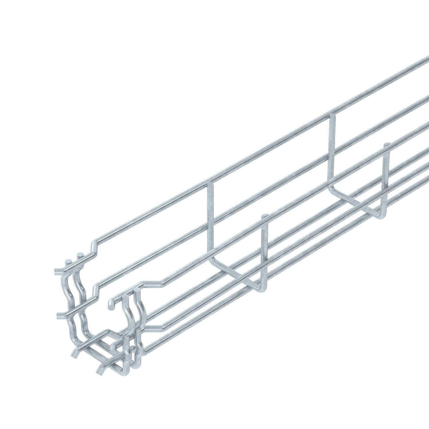 Abgebildet ist ein silbernes Kabeltragsystem aus Metall mit offenen Gittern. Es wird zur Organisation und Unterstützung von Kabeln verwendet.