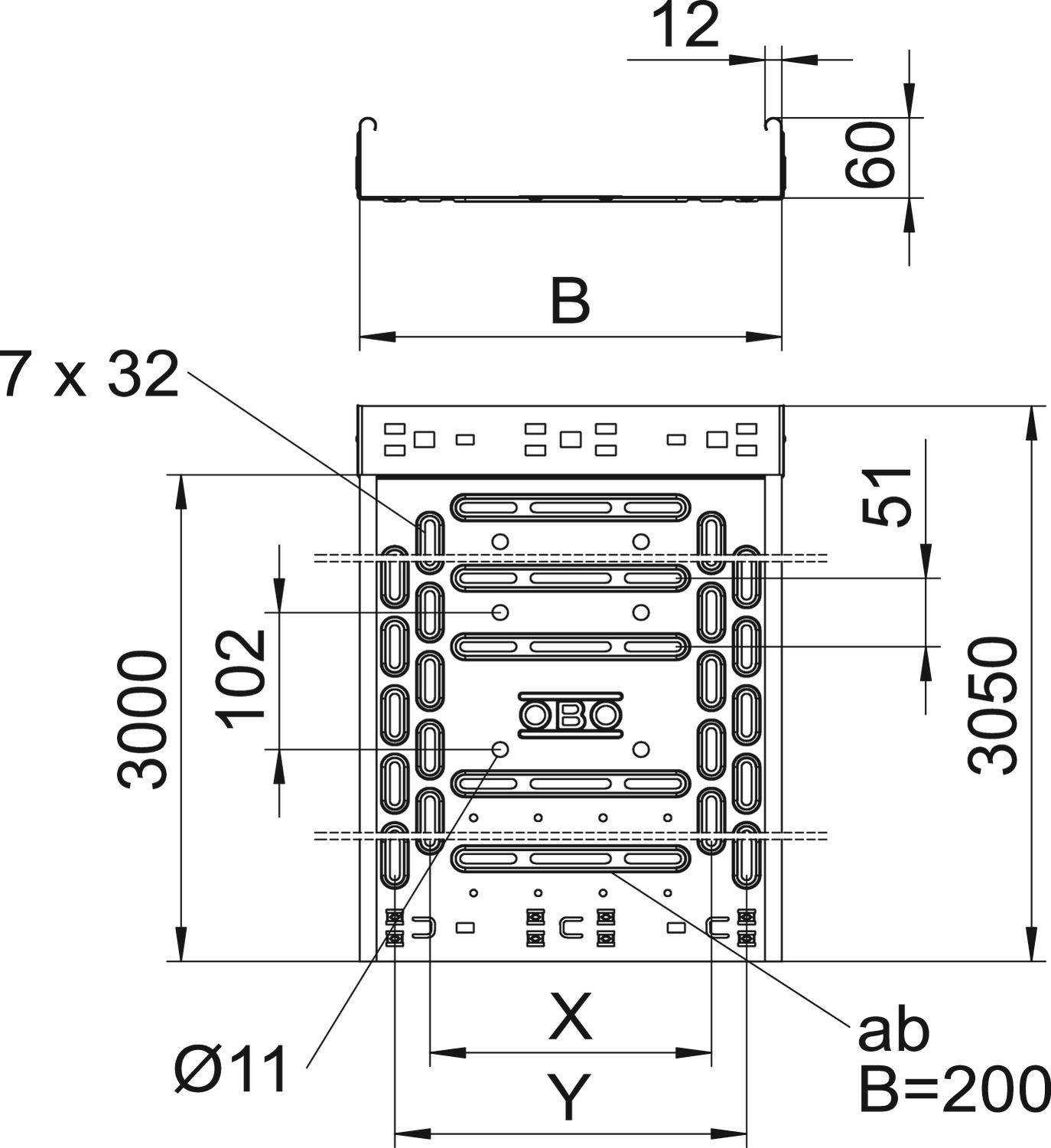 Technische Zeichnung eines rechteckigen Metallprofils mit Maßen und Bohrungen. Bemaßungen und Positionierung der Bohrlöcher sind angegeben.
