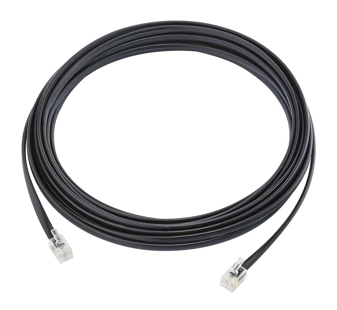Ein schwarzes Ethernet-Kabel mit zwei Steckverbindern an den Enden ist kreisförmig aufgerollt.