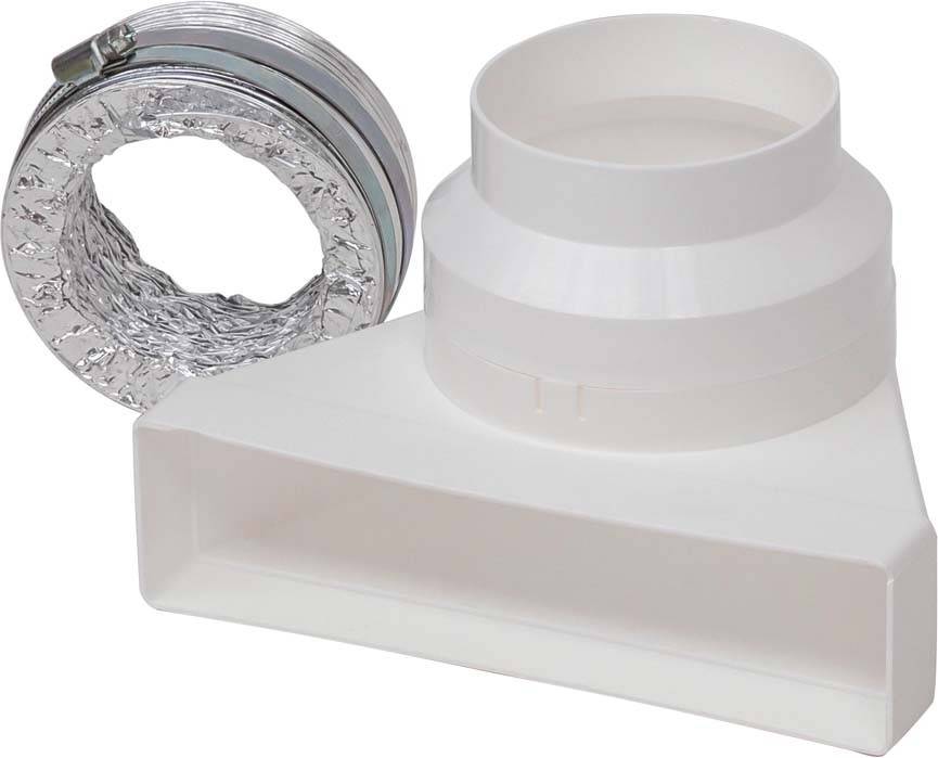 Ein Lüftungs-Set bestehend aus einem weißen Kunststoffadapter mit runder und rechteckiger Öffnung sowie einem flexiblen Aluschlauch.