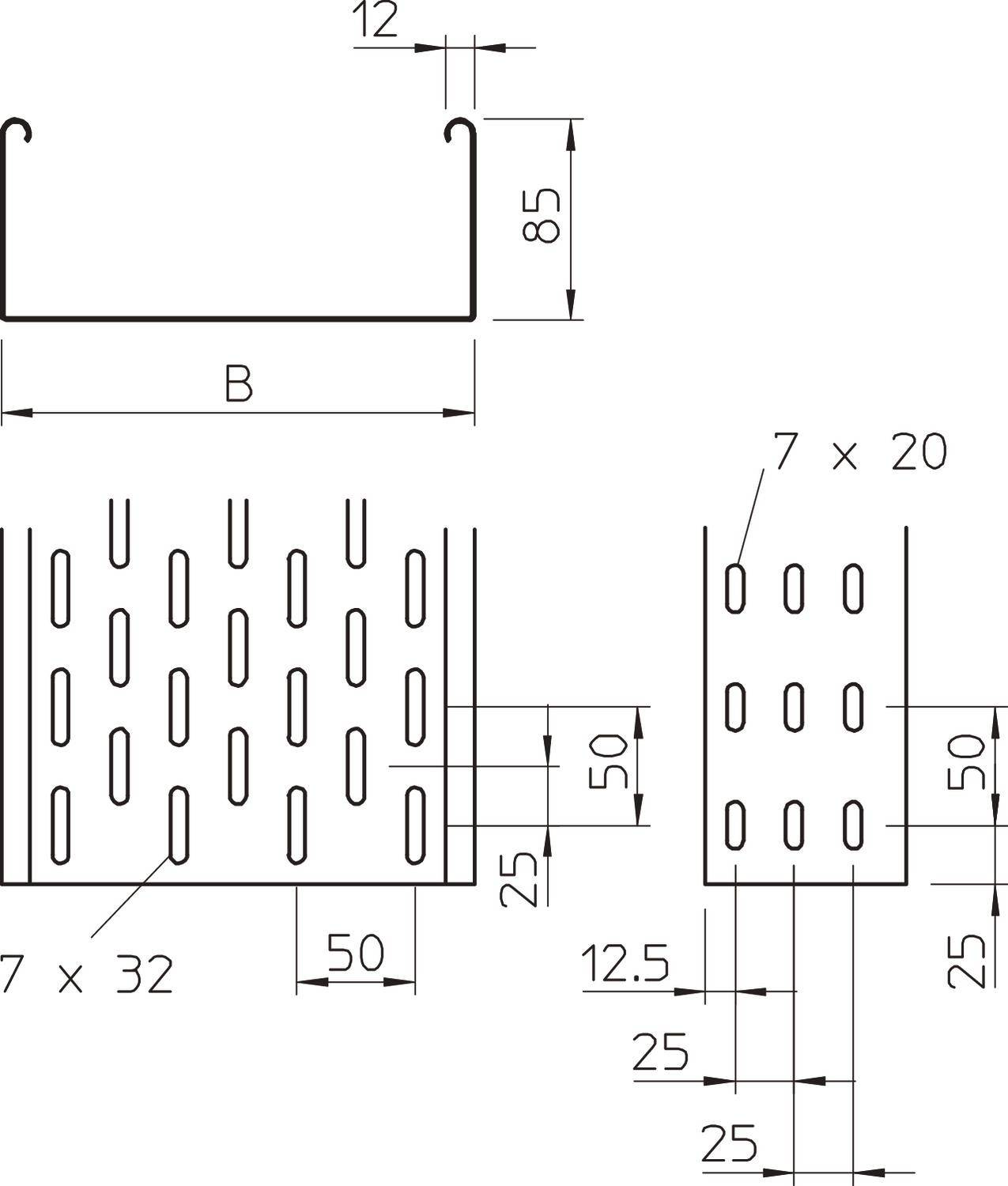 Technische Zeichnung eines perforierten U-Profils mit Maßen in Millimetern: Breite B, Höhe 85, Lochmuster 7 x 32, Abstand 50.
