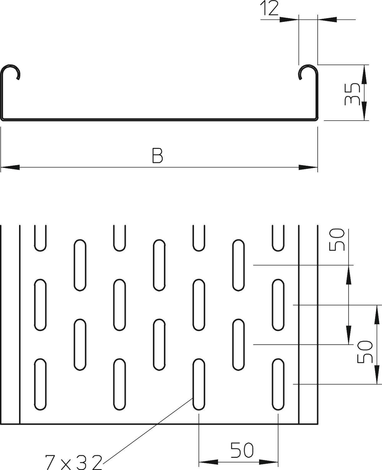 Technische Zeichnung eines perforierten Metallblechs mit Maßen: Breite 'B', Höhe 35 mm, Perforation 7x32 mm, Abstand 50 mm.