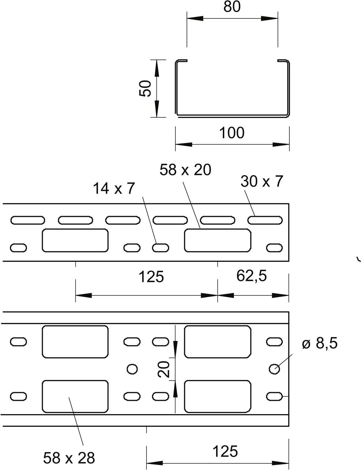 Technische Zeichnung eines Metallprofils mit Maßen: 100x80x50 mm Querschnitt, Löcher 58x20 mm und 30x7 mm, Abstand zwischen großen Löchern 125 mm.