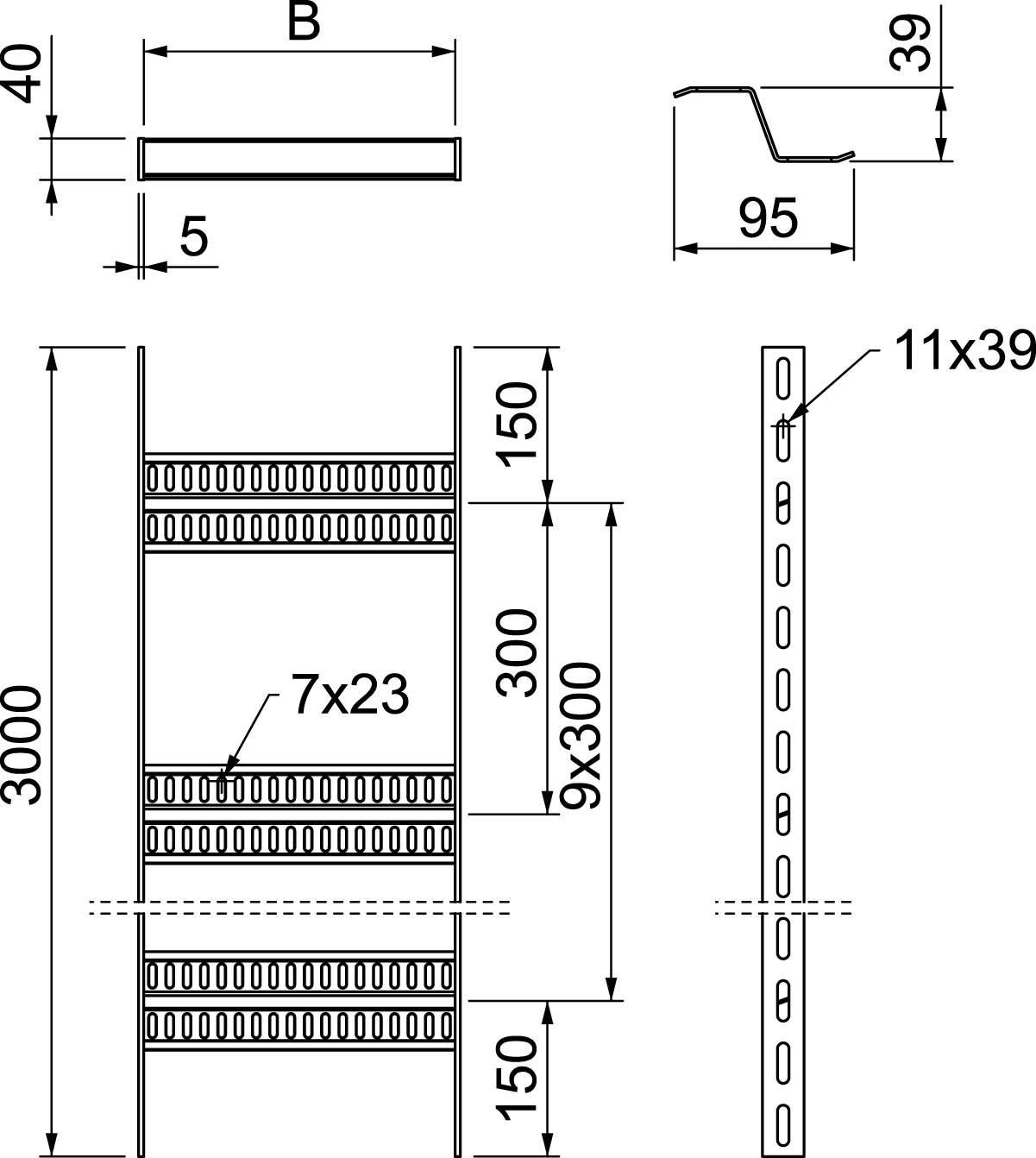 Technische Zeichnung eines Regals mit Maßen: Höhe 3000 mm, Breite B, Tiefe 95 mm. Regalböden besitzen Aussparungen 7x23 mm.