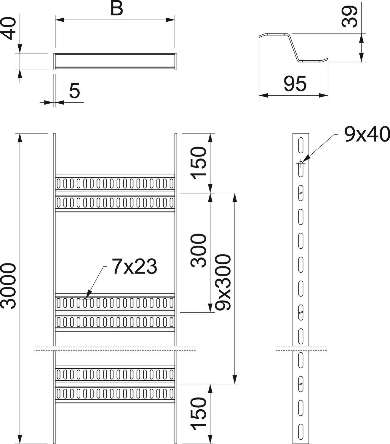 Technische Zeichnung eines Regalsystems mit Maßen: Höhe 3000 mm, Breite variabel, Regalfächer im Abstand von 150 mm. Seitliche Ansichten und Querschnittsdetail enthalten.
