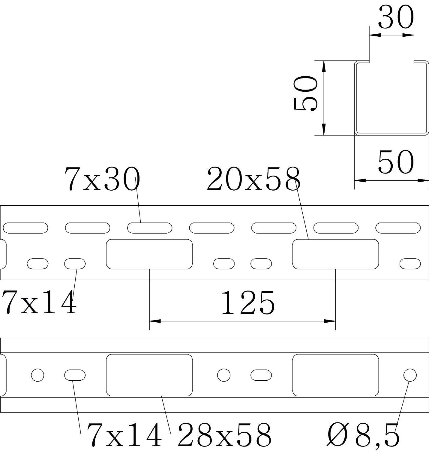Technische Zeichnung eines Metallprofils mit Maßen: 50x50 mm Querschnitt, Lochgrößen 7x30 mm, 20x58 mm, 7x14 mm, Ø8,5 mm, Länge 125 mm.