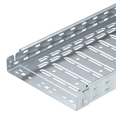 Metallkabelrinne mit perforierten Seiten und Boden zur Kabelorganisation in Gebäuden oder industriellen Umgebungen.