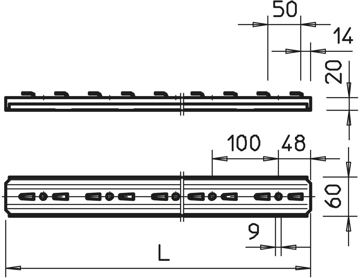 Technische Zeichnung einer Schiene mit Maßen: Länge 50 bis 100 mm, Höhe 14 mm. Seitenansicht und Draufsicht mit detaillierten Maßen.