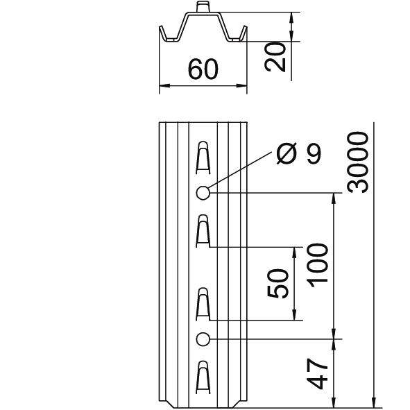Technische Zeichnung eines Hohlkastens mit Löchern. Maße: Höhe 3000 mm, Breite 60 mm, Lochdurchmesser 9 mm, Lochabstand 50 mm.