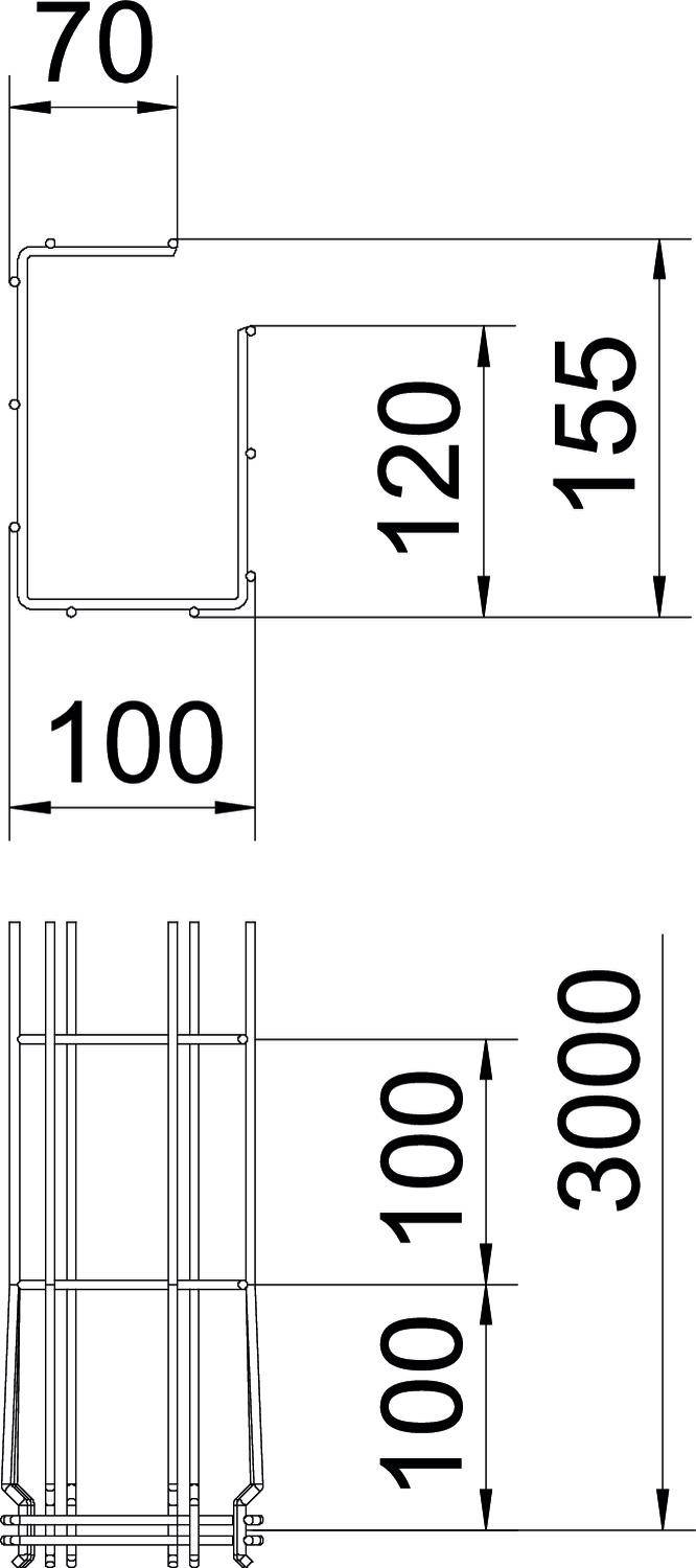 Querschnittzeichnung eines Metallprofils mit Maßen. Breite: 70 mm, Höhe links: 100 mm, Höhe rechts: 155 mm. Sichtbare Verbindungselemente.