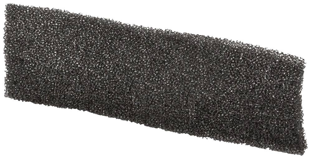 Ein rechteckiges Stück schwarzer poröser Schaumstoff, häufig verwendet als Filtermaterial oder zum Schutz in Verpackungen.